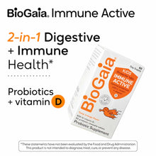 BioGaia Immune Active Kids probiotic chewables bottle with orange label and cartoon character design.