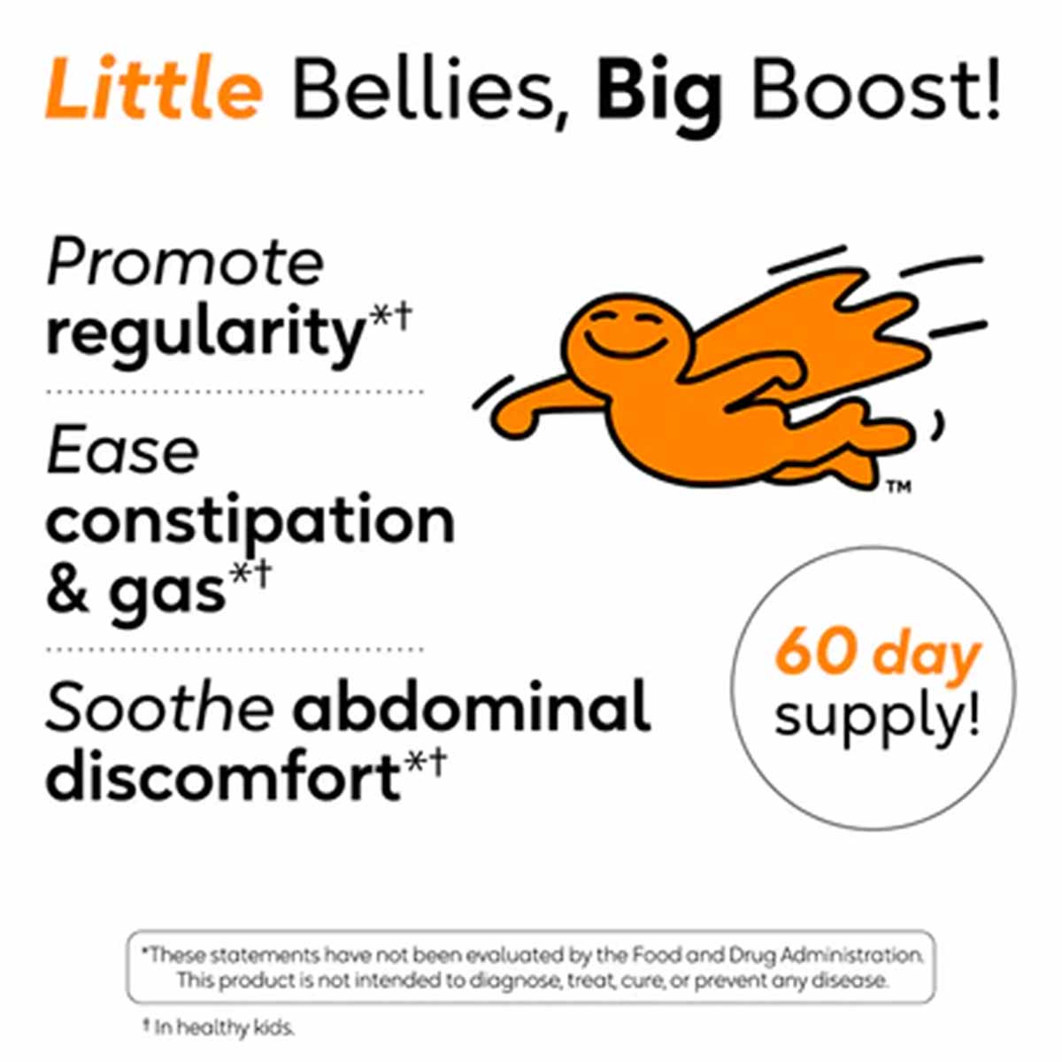 Product packaging for BioGaia probiotic chewables featuring orange cartoon character and text describing digestive health ben
