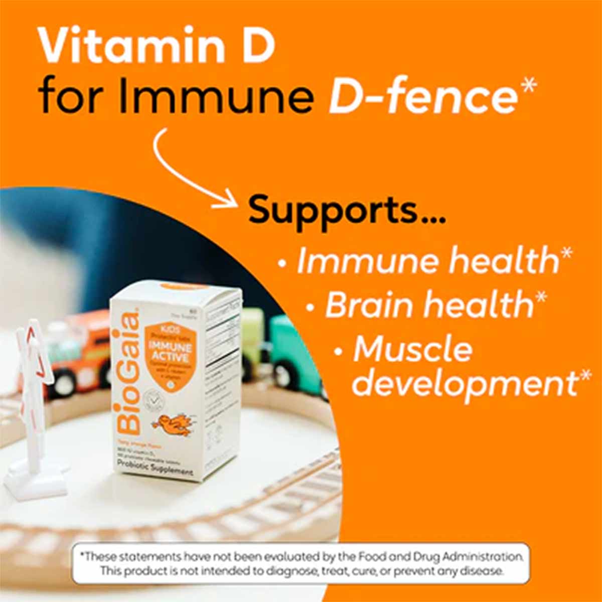 BioGaia Immune Active Kids probiotic chewable supplement box on white surface with orange background and product benefits tex