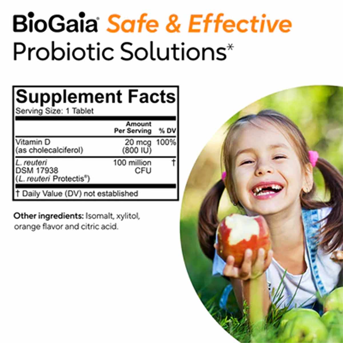 BioGaia probiotic supplement facts label with child eating apple outdoors on right side.