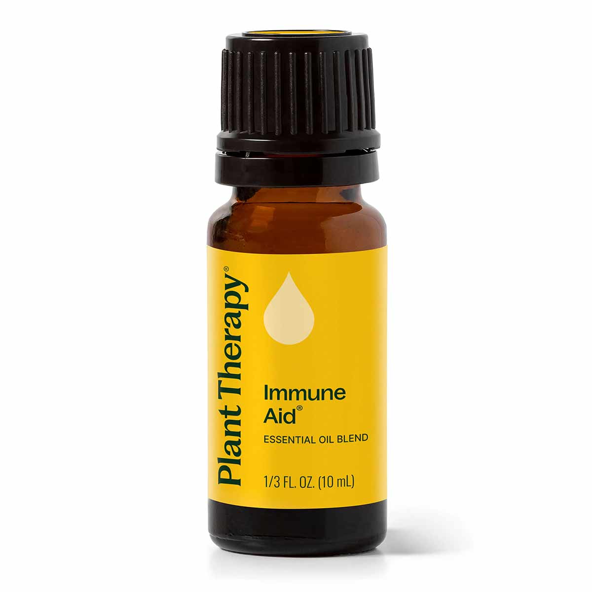 A small amber glass bottle with a black cap and yellow label reading Plant Therapy Immune Aid essential oil blend.