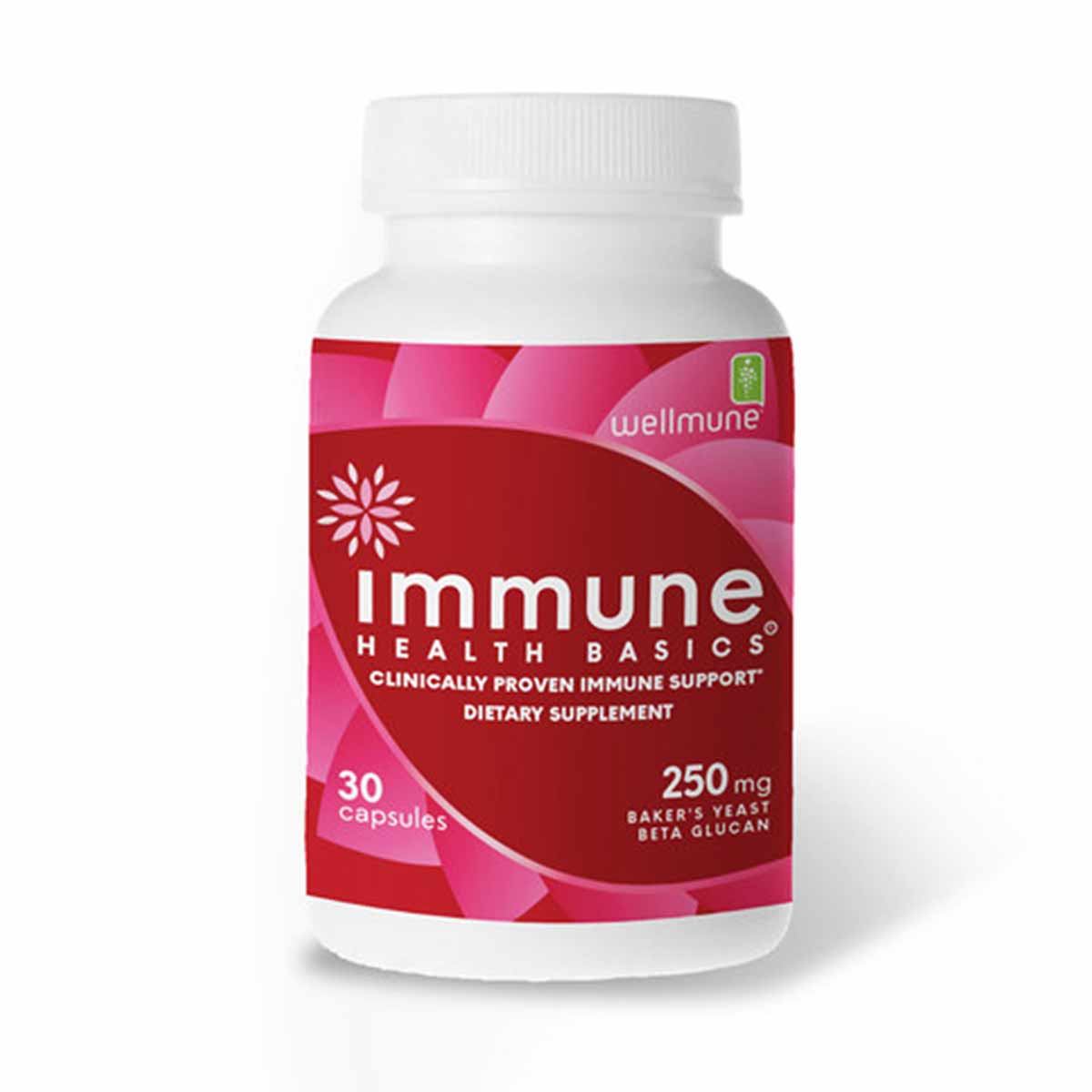 White supplement bottle with red and pink label displaying "Immune Health Basics" 250 mg, 30 capsules.