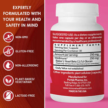 White bottle with red label containing 250 mg capsules, displayed against pink background with ingredient and usage informati