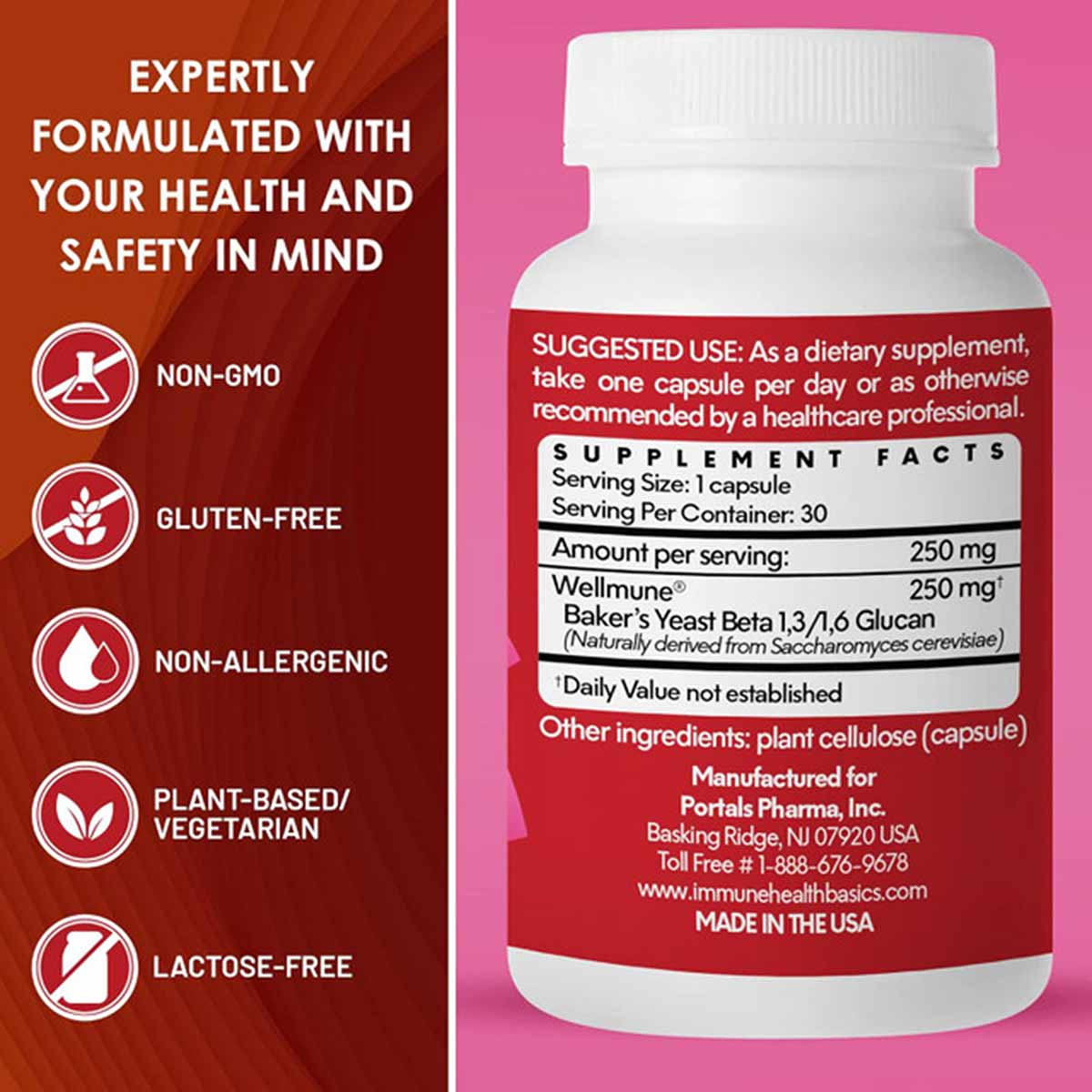 White bottle with red label containing 250 mg capsules, displayed against pink background with ingredient and usage informati