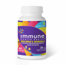 White bottle with colorful purple, yellow, and pink label for Immune Health Basics Children's Chewable dietary supplement, 60