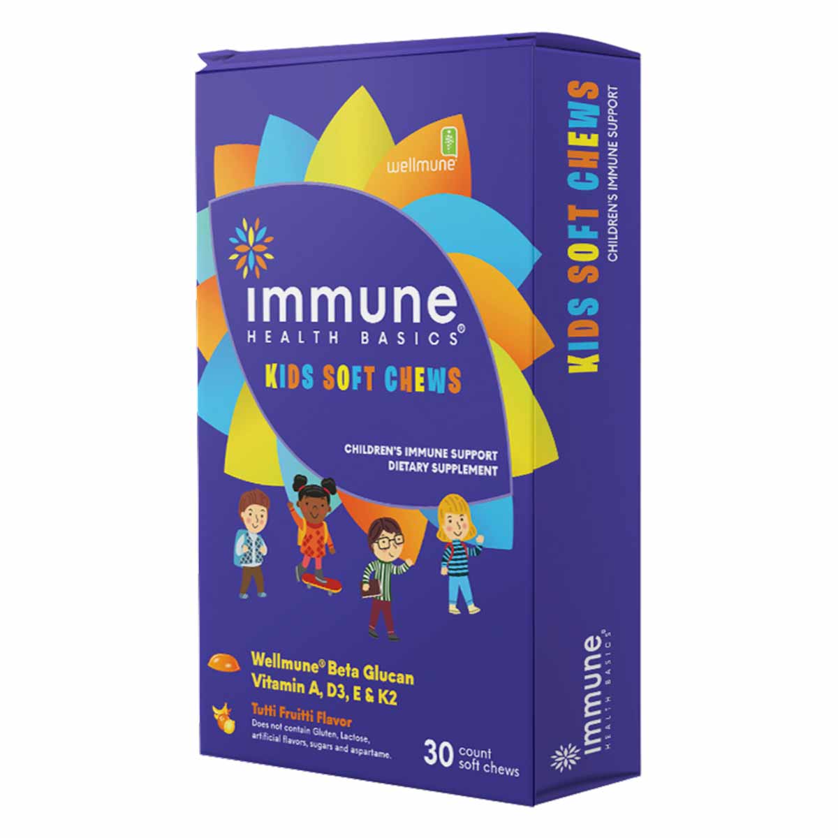 Purple box of Immune Health Basics Kids Soft Chews with colorful geometric shapes and illustrated children on front, 30 count