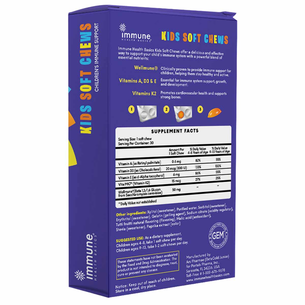 Purple box of Immune Health Basics Kids Soft Chews with product information, ingredient list, and supplement facts displayed 