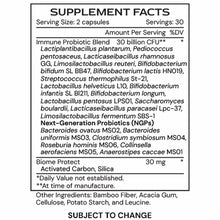 Supplement Facts label showing Immune μBiomic probiotic blend with 30 billion CFU, next-generation probiotics, and biome prot