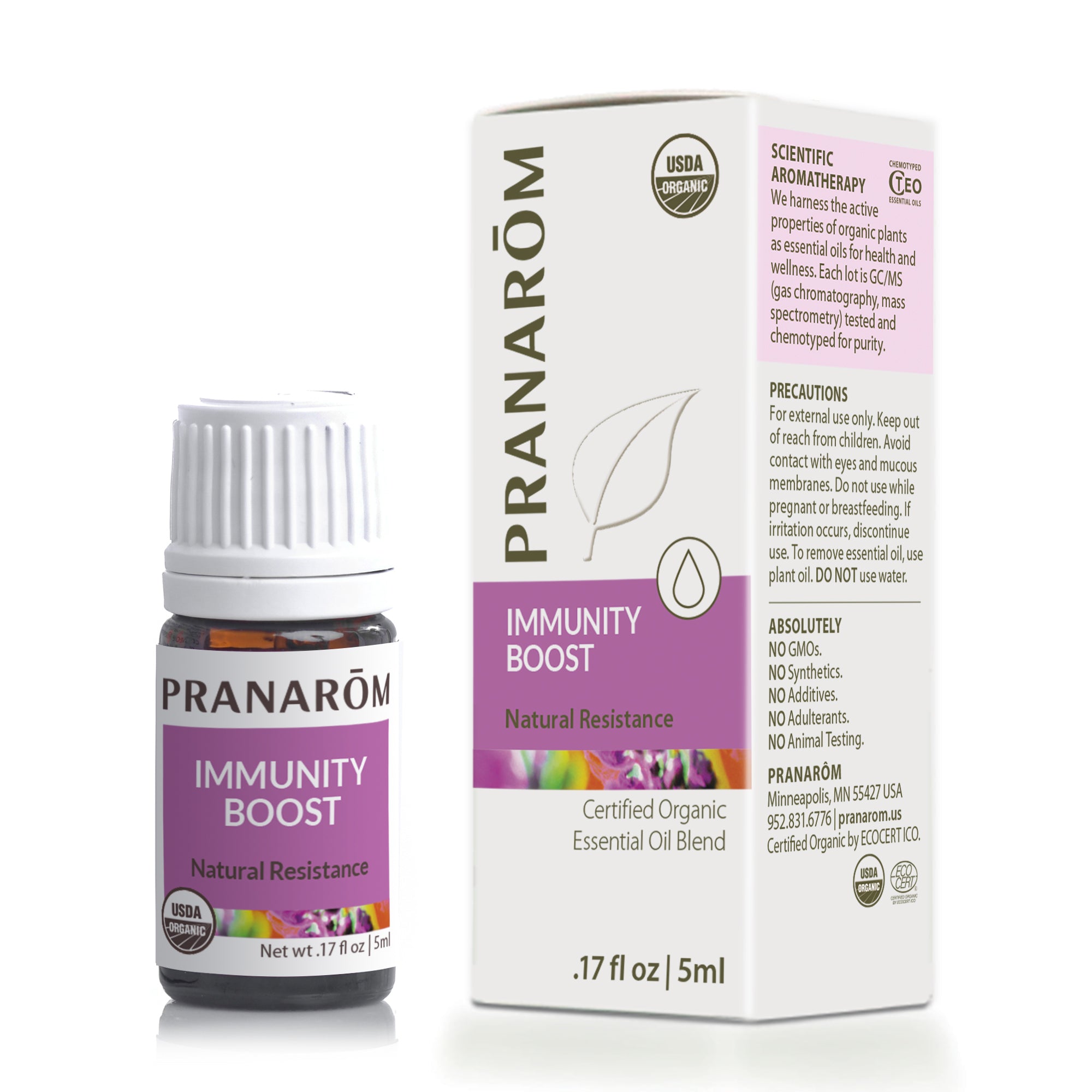 Pranarom Immunity Boost essential oil blend bottle and box, 5ml, with white cap and purple label showing USDA organic certifi
