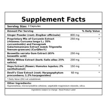 Supplement Facts label for Inflam-Eze Plus listing ingredients including ginger powder, curcumin extract, boswellia, white wi