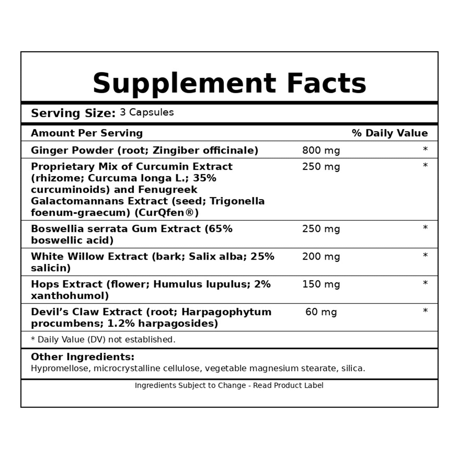 Supplement Facts label for Inflam-Eze Plus listing ingredients including ginger powder, curcumin extract, boswellia, white wi