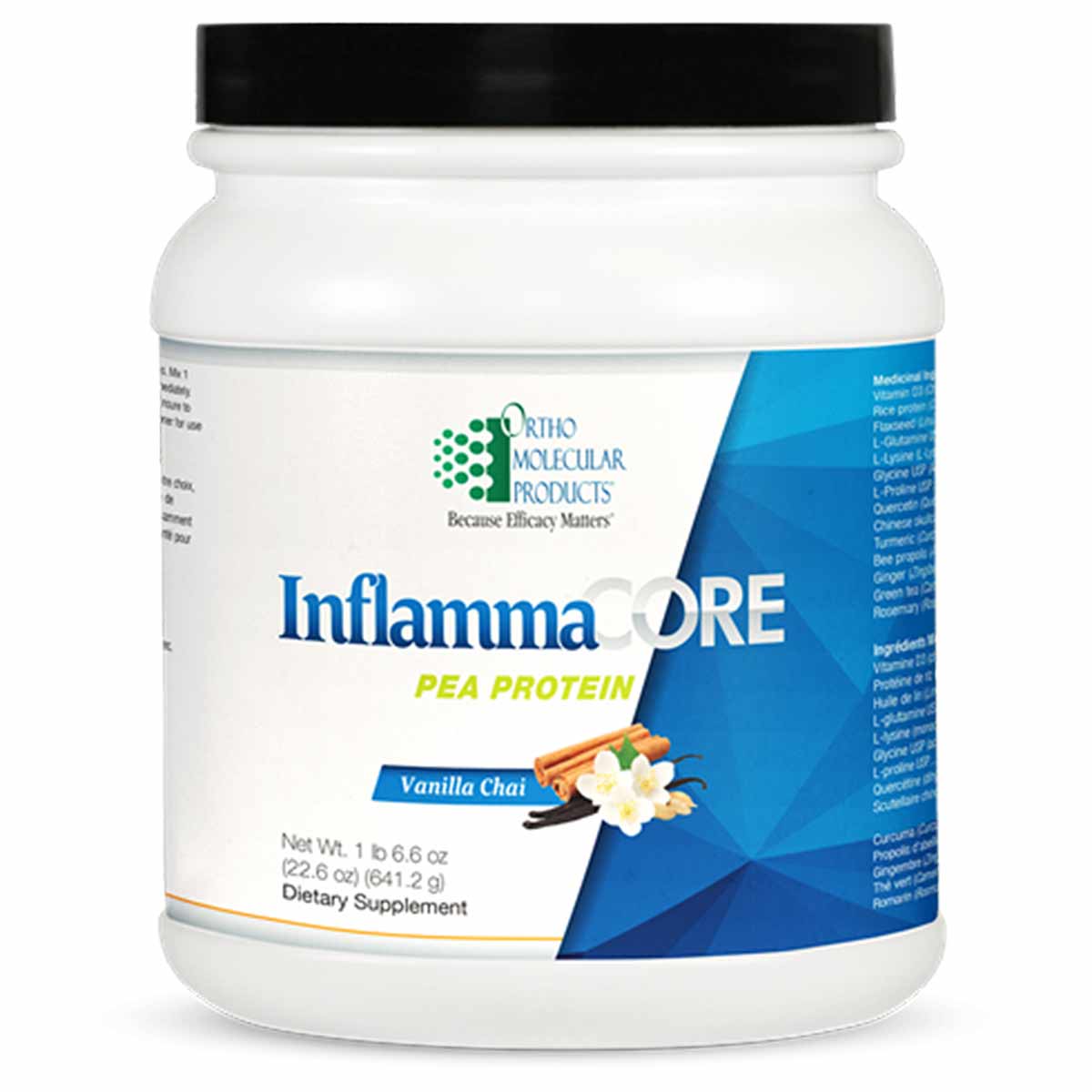 White container of InflammaCORE pea protein powder in Vanilla Chai flavor by Ortho Molecular Products with black lid.