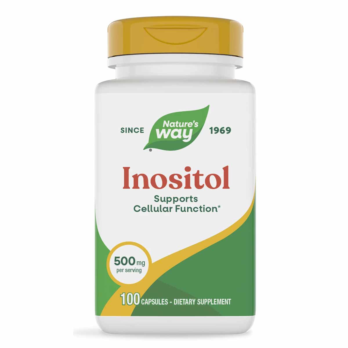 Bottle of Nature's Way Inositol 500 mg dietary supplement with gold cap containing 100 capsules.