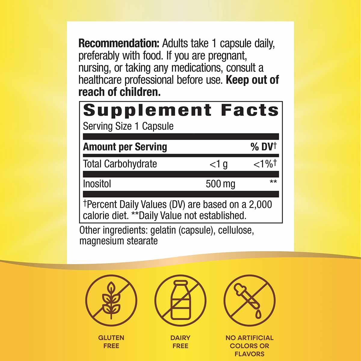 Supplement facts label for Inositol 500 mg capsules with dosage recommendations and ingredients list on yellow background.