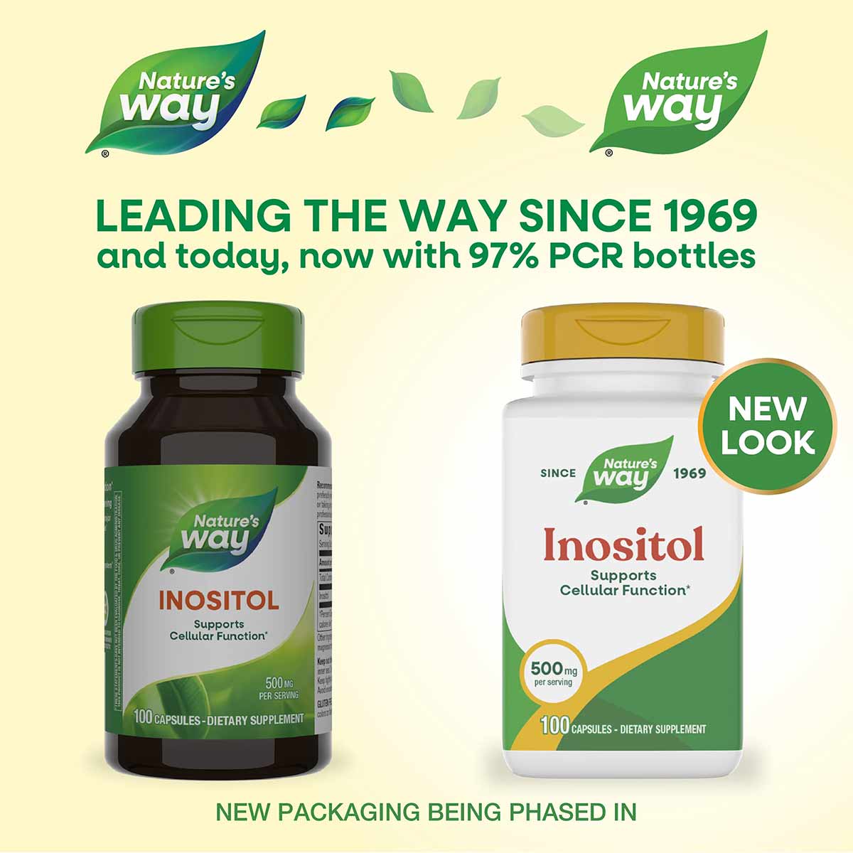 Nature's Way Inositol 500 mg supplement bottles in old and new packaging designs, each containing 100 capsules.