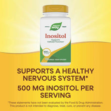 Nature's Way Inositol 500 mg bottle with gold cap containing 100 capsules on yellow background.