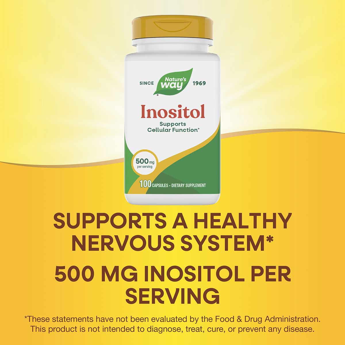 Nature's Way Inositol 500 mg bottle with gold cap containing 100 capsules on yellow background.