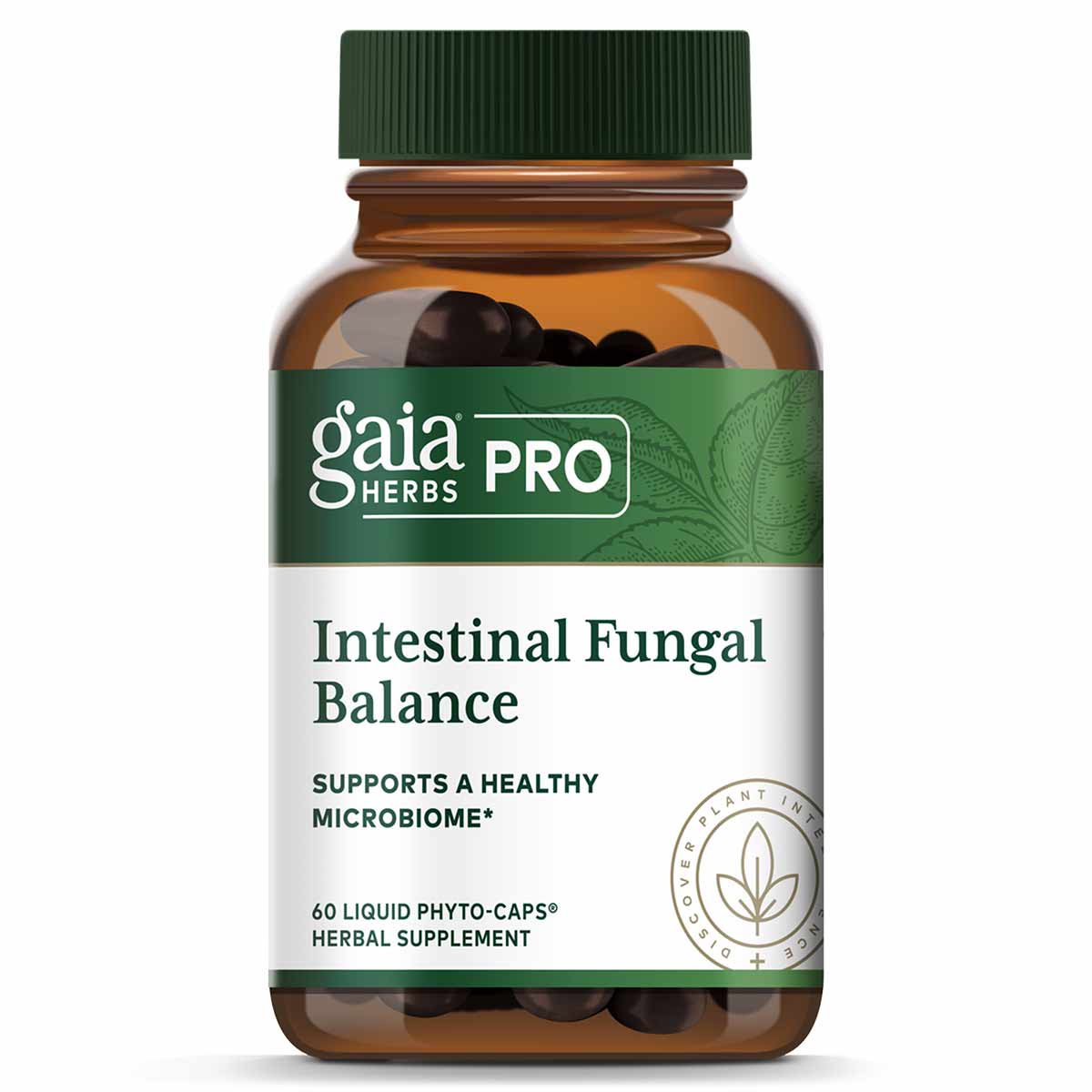 Gaia Herbs Pro Intestinal Fungal Balance bottle with green cap containing 60 dark liquid phyto-capsules.
