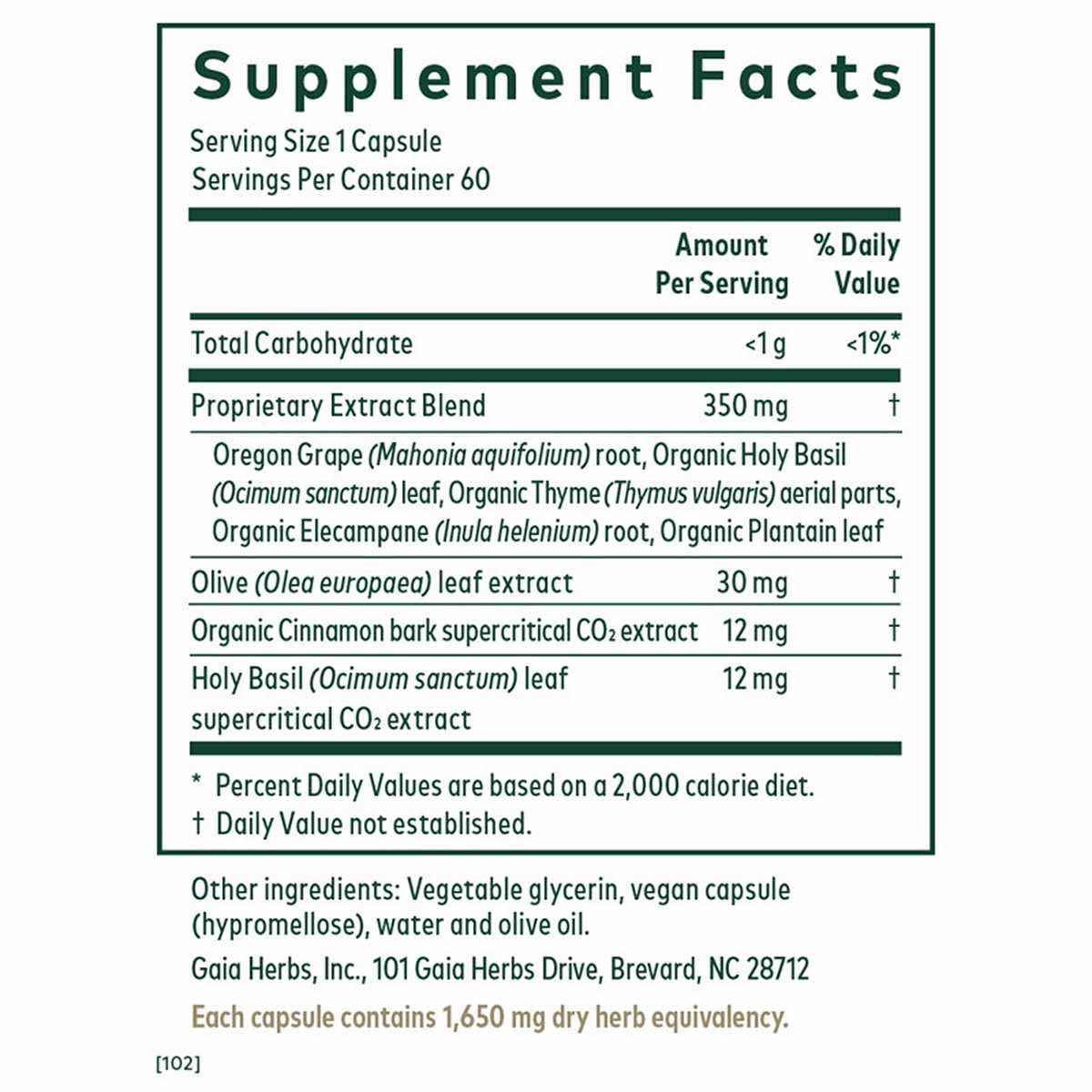 Supplement Facts label for Intestinal Fungal Balance capsules showing serving size, ingredients, and nutritional information.