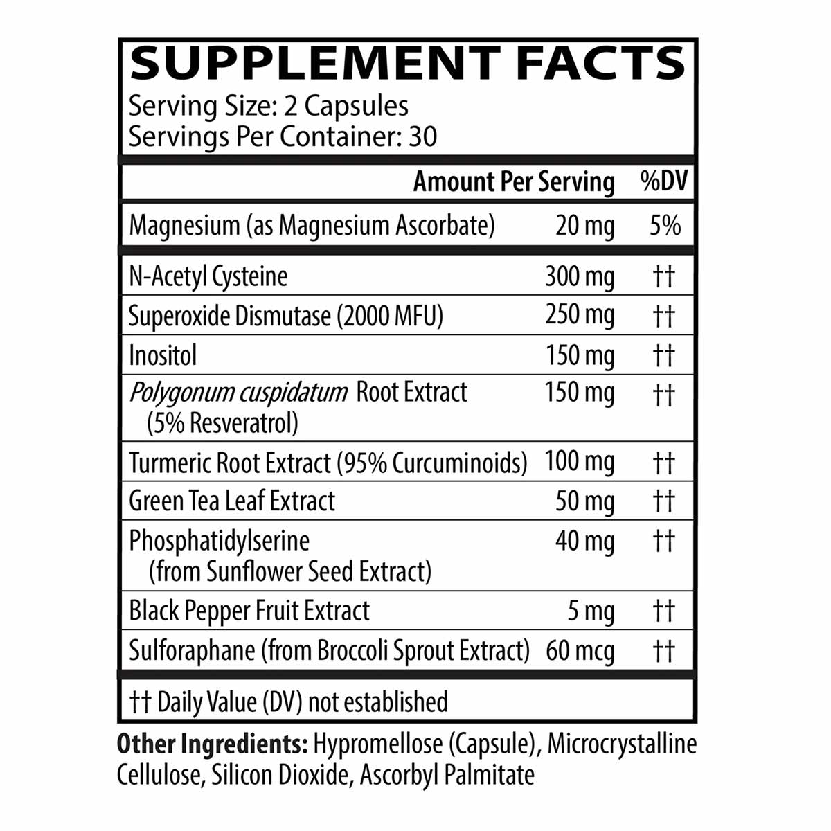 Supplement Facts label showing ingredients including N-Acetyl Cysteine, Superoxide Dismutase, turmeric extract, and green tea