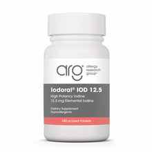 White supplement bottle with gray and coral label for Iodoral IOD 12.5 mg iodine by Allergy Research Group, 180 scored tablet