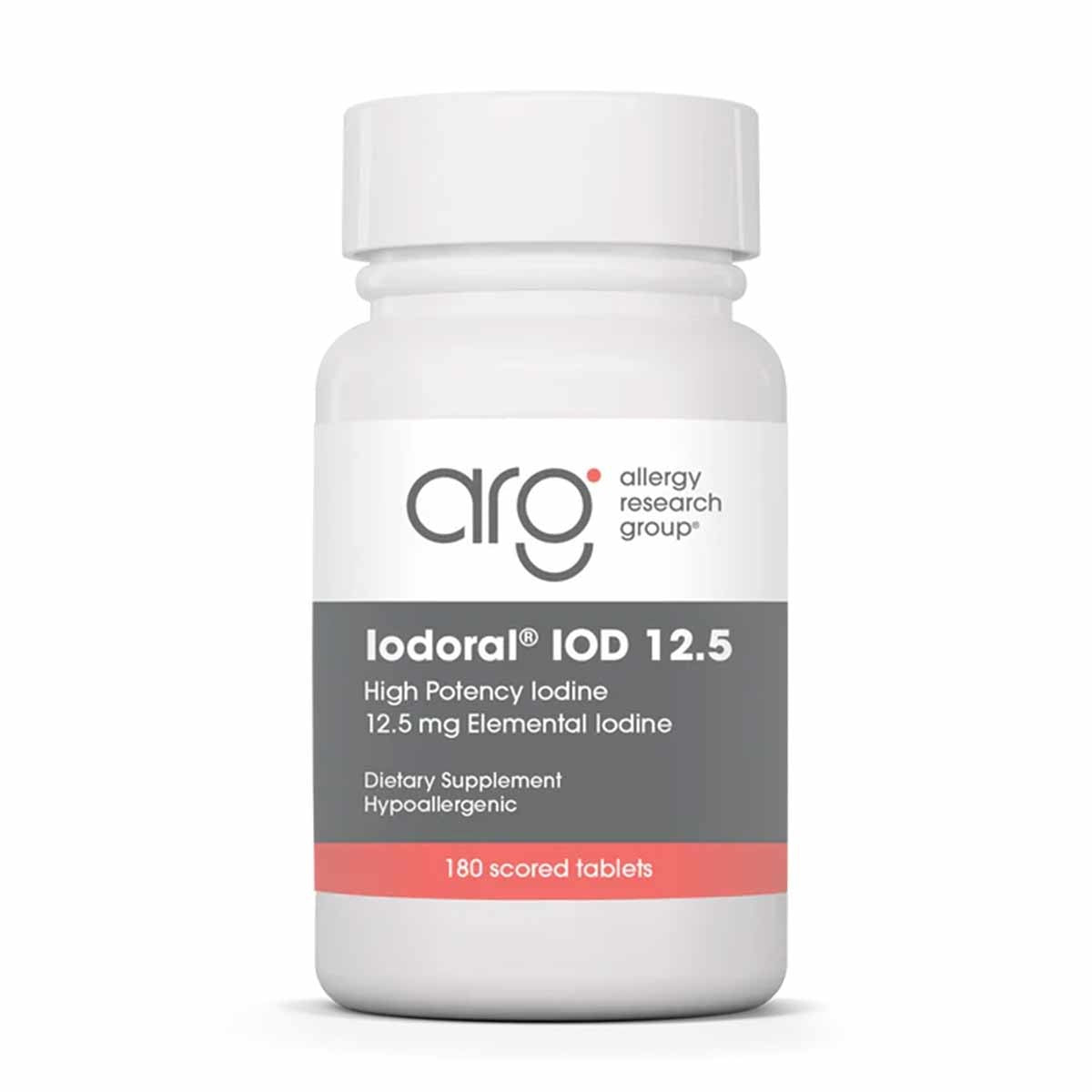 White supplement bottle with gray and coral label for Iodoral IOD 12.5 mg iodine by Allergy Research Group, 180 scored tablet