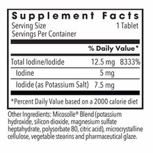 Supplement Facts label showing Iodoral 12.5 mg iodine/iodide tablet with serving size, daily value, and ingredient informatio