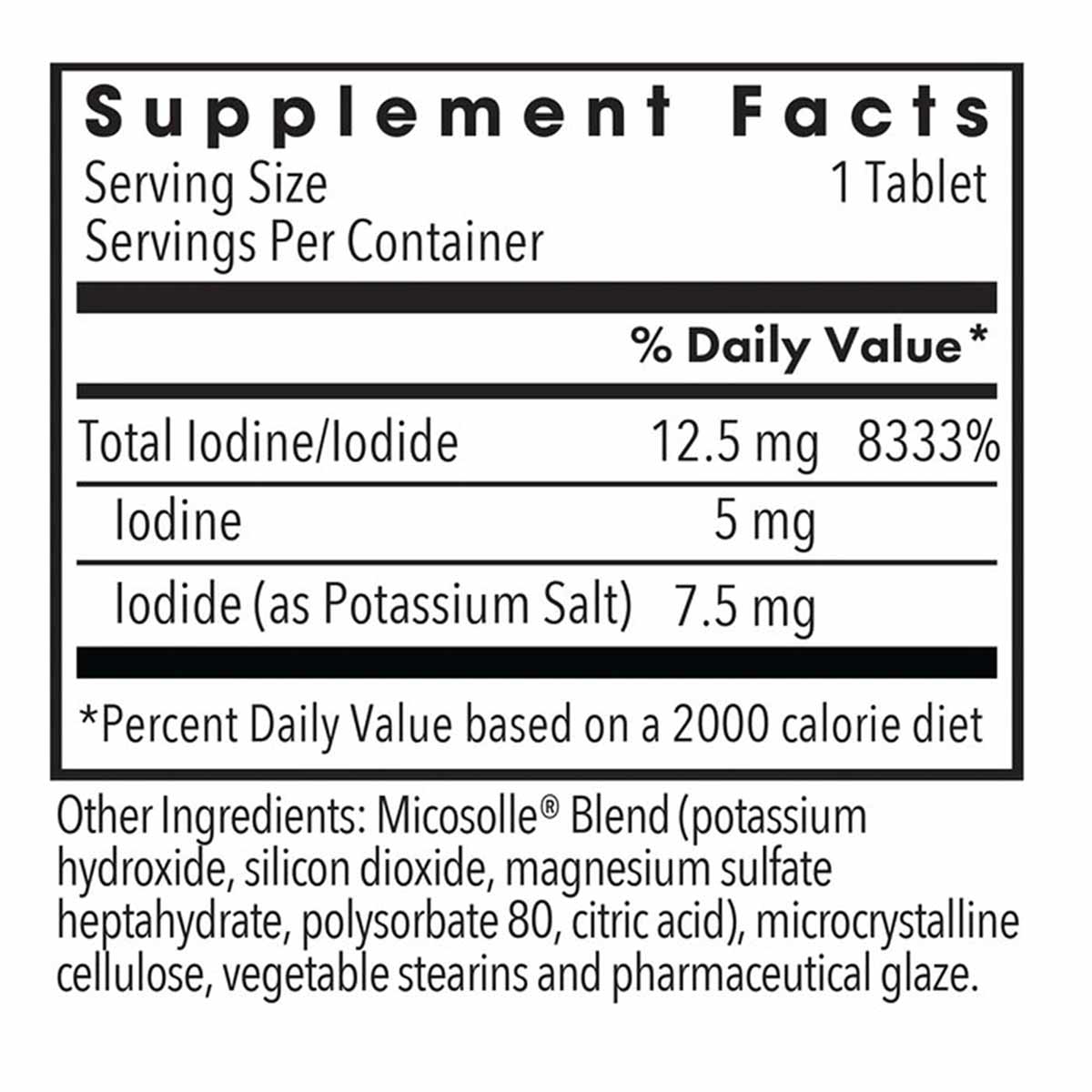 Supplement Facts label showing Iodoral 12.5 mg iodine/iodide tablet with serving size, daily value, and ingredient informatio