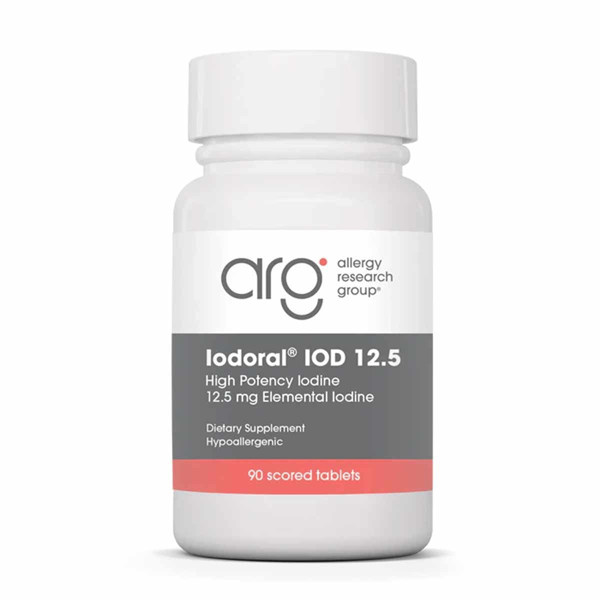 White bottle of Iodoral IOD 12.5 mg iodine supplement by Allergy Research Group containing 90 scored tablets.
