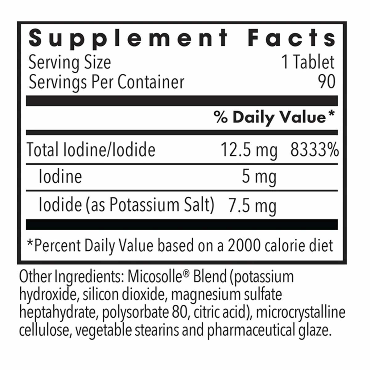 Supplement Facts label showing 12.5 mg iodine/iodide per tablet with 90 servings per container.
