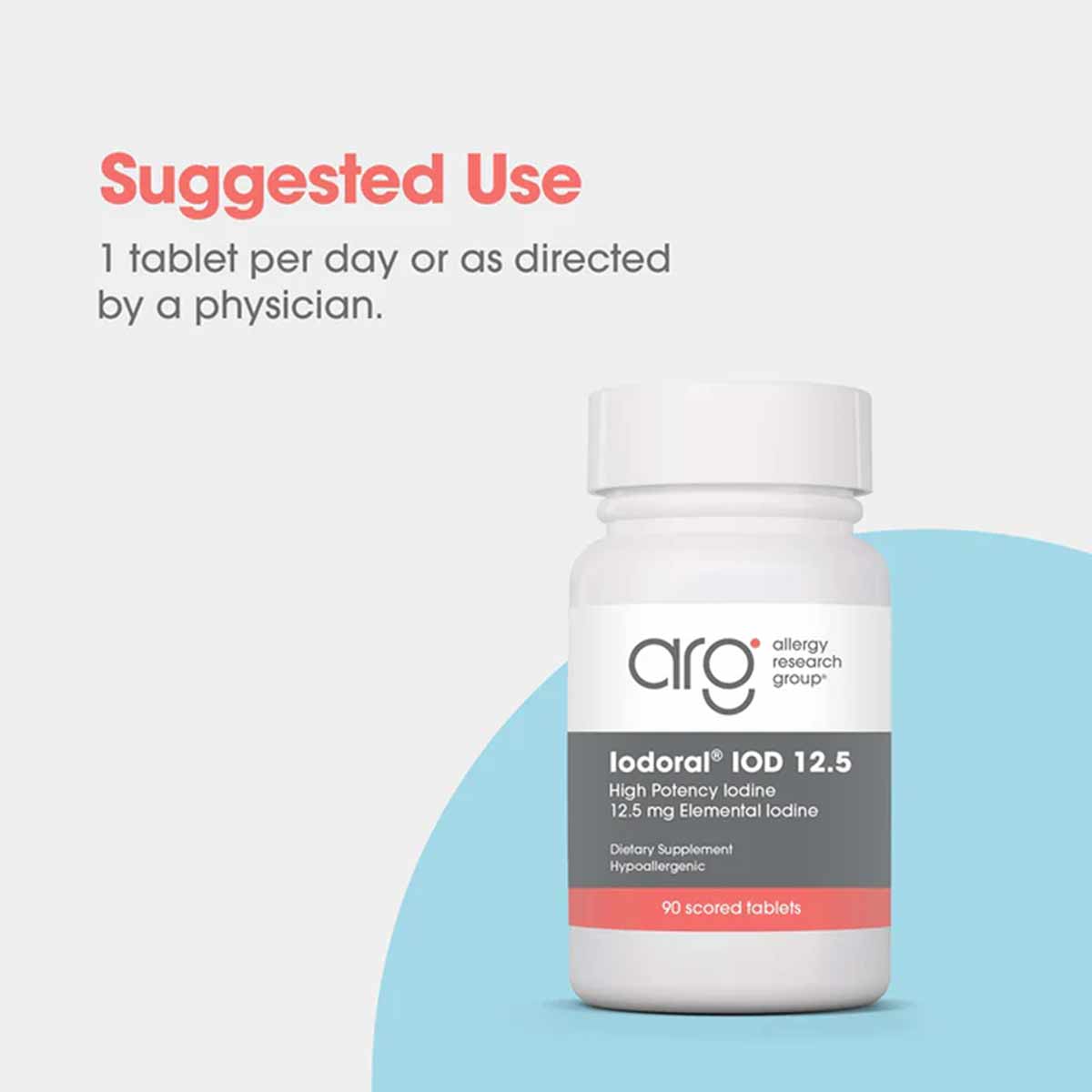 White bottle of Iodoral IOD 12.5 mg iodine supplement by Allergy Research Group containing 90 scored tablets.