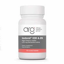 White bottle of Iodoral IOD 6.25 iodine supplement by Allergy Research Group, containing 90 scored tablets.