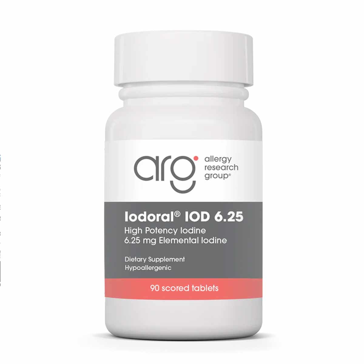 White bottle of Iodoral IOD 6.25 iodine supplement by Allergy Research Group, containing 90 scored tablets.