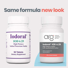 Two white supplement bottles labeled Iodoral IOD 6.25 containing 90 tablets, showing old and new packaging designs.