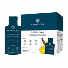 Cymbiotika Irish Sea Moss dietary supplement in lemon vanilla flavor, shown in pouch and box packaging with yellow liquid.