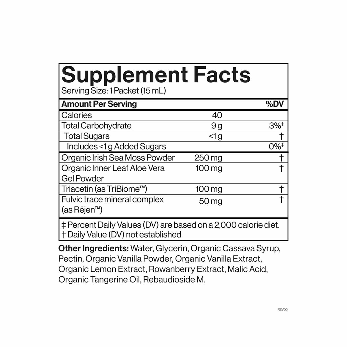 Supplement Facts label for Irish Sea Moss powder packet showing 250mg organic Irish sea moss per 15mL serving with additional