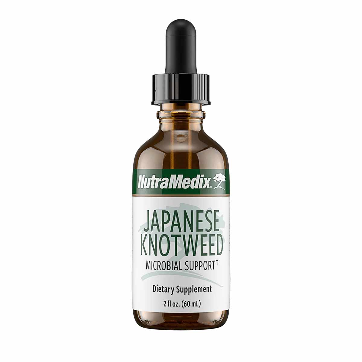 NutraMedix Japanese Knotweed dietary supplement in a 2 fl oz amber glass bottle with black dropper cap.