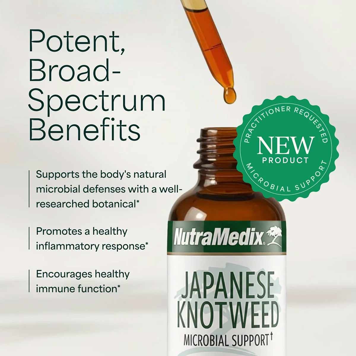 Brown glass bottle of NutraMedix Japanese Knotweed supplement with dropper and green "New Product" badge.