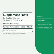Supplement facts label showing Japanese Knotweed root extract dosage with vegan, yeast-free, and no artificial ingredients ba