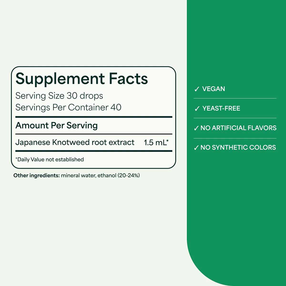 Supplement facts label showing Japanese Knotweed root extract dosage with vegan, yeast-free, and no artificial ingredients ba