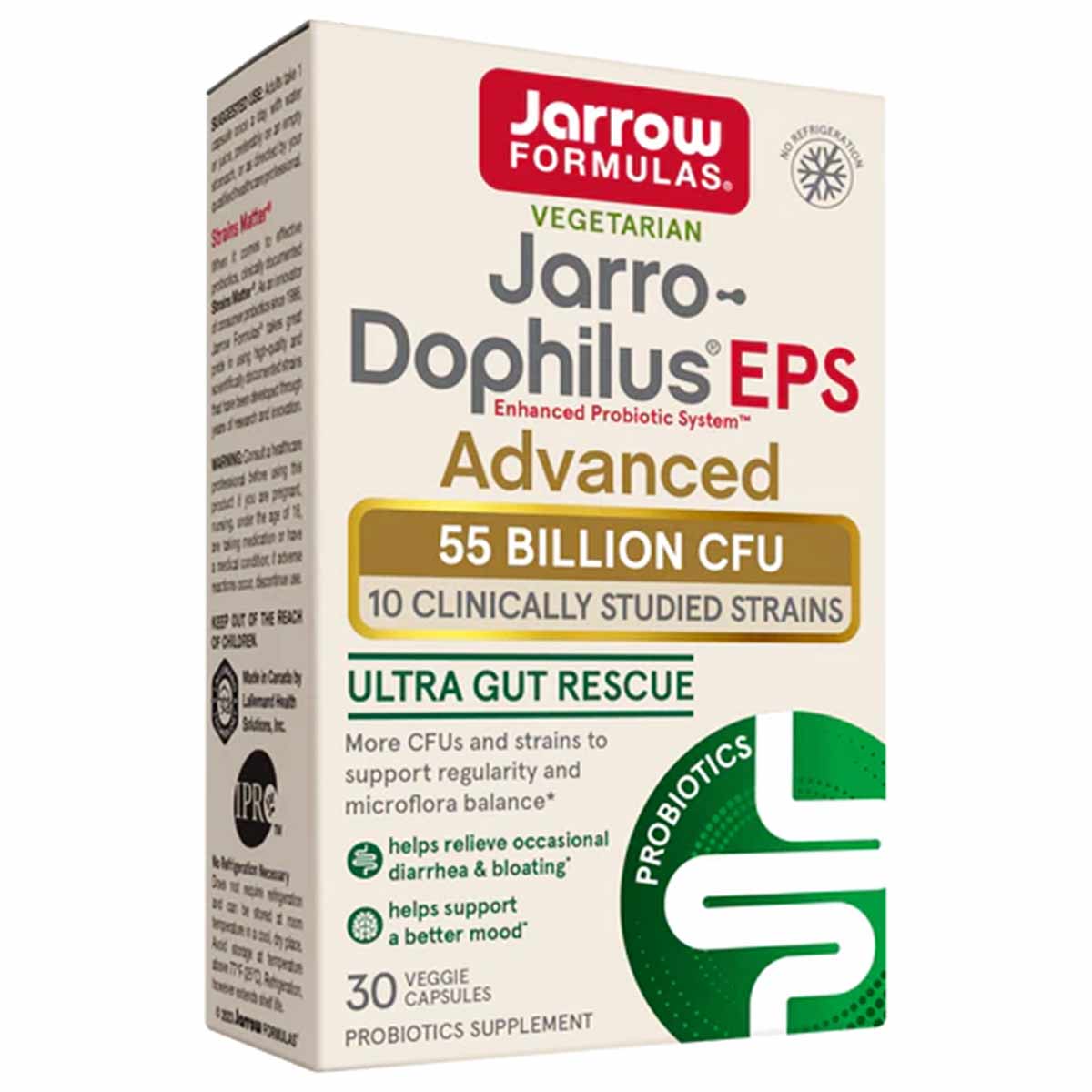 Jarrow Formulas Jarro-Dophilus EPS Advanced probiotic supplement box with 55 billion CFU and 30 vegetarian capsules.