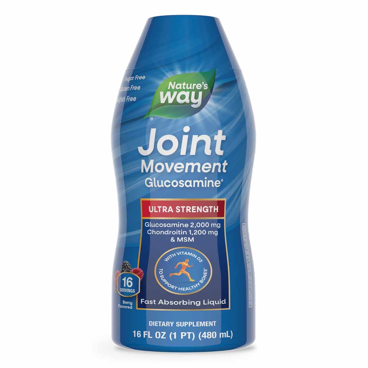 Blue bottle of Nature's Way Joint Movement Glucosamine liquid supplement, 16 fl oz, Ultra Strength formula.