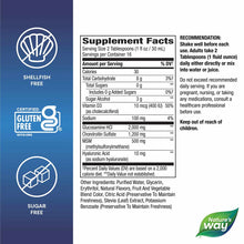 Bottle label showing supplement facts for glucosamine liquid with shellfish-free, gluten-free, and sugar-free certifications.