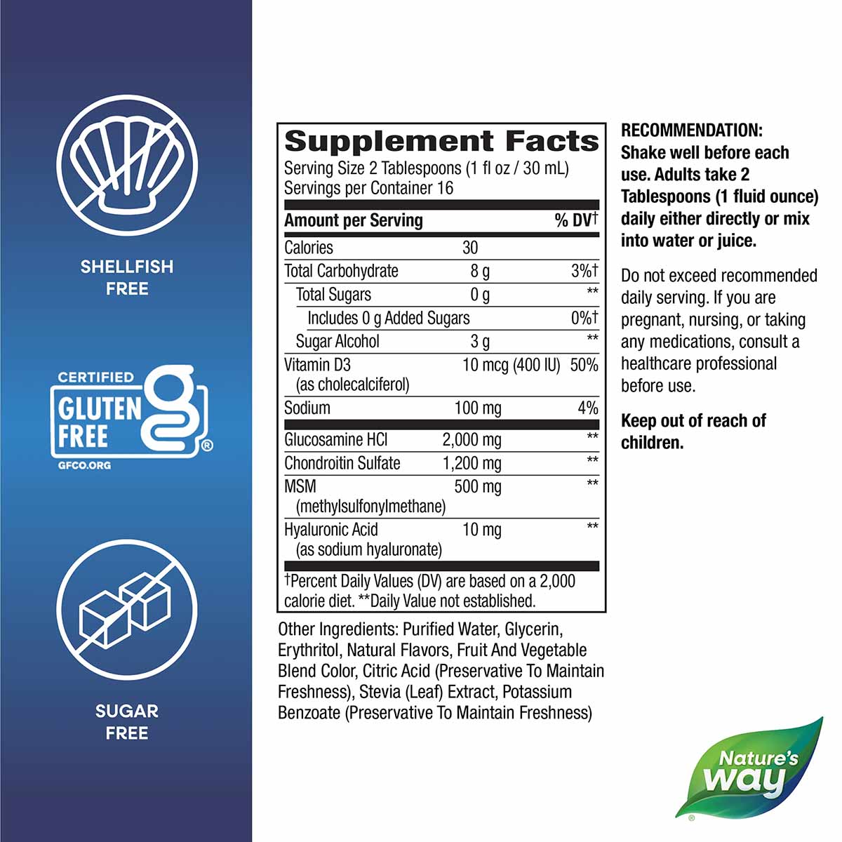 Bottle label showing supplement facts for glucosamine liquid with shellfish-free, gluten-free, and sugar-free certifications.