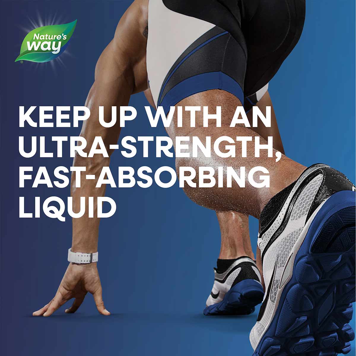Nature's Way logo with person in athletic wear bending forward showing leg muscles and blue knee support brace.