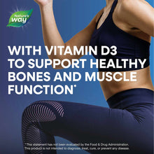 Person in athletic wear flexing arm muscles against blue background with Nature's Way logo and text about glucosamine and vit