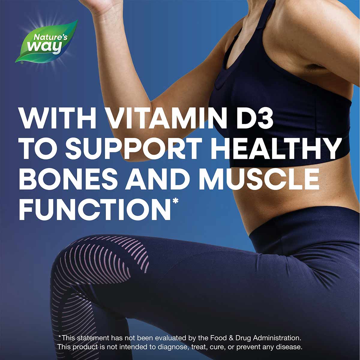 Person in athletic wear flexing arm muscles against blue background with Nature's Way logo and text about glucosamine and vit