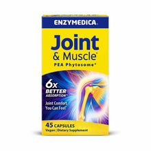 Enzymedica Joint & Muscle PEA Phytosome supplement bottle with 45 capsules, blue and yellow packaging.