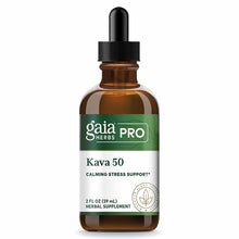 Amber glass bottle with black dropper cap, green and white label reading "gaia HERBS PRO Kava 50," 2 fl oz herbal supplement.