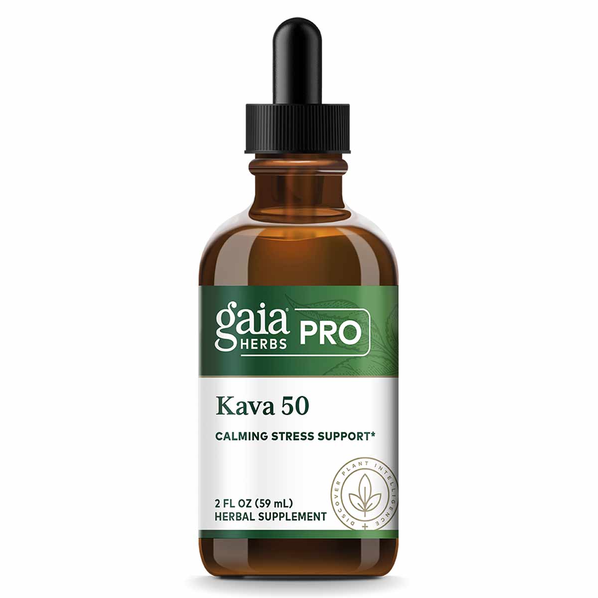 Amber glass bottle with black dropper cap, green and white label reading "gaia HERBS PRO Kava 50," 2 fl oz herbal supplement.